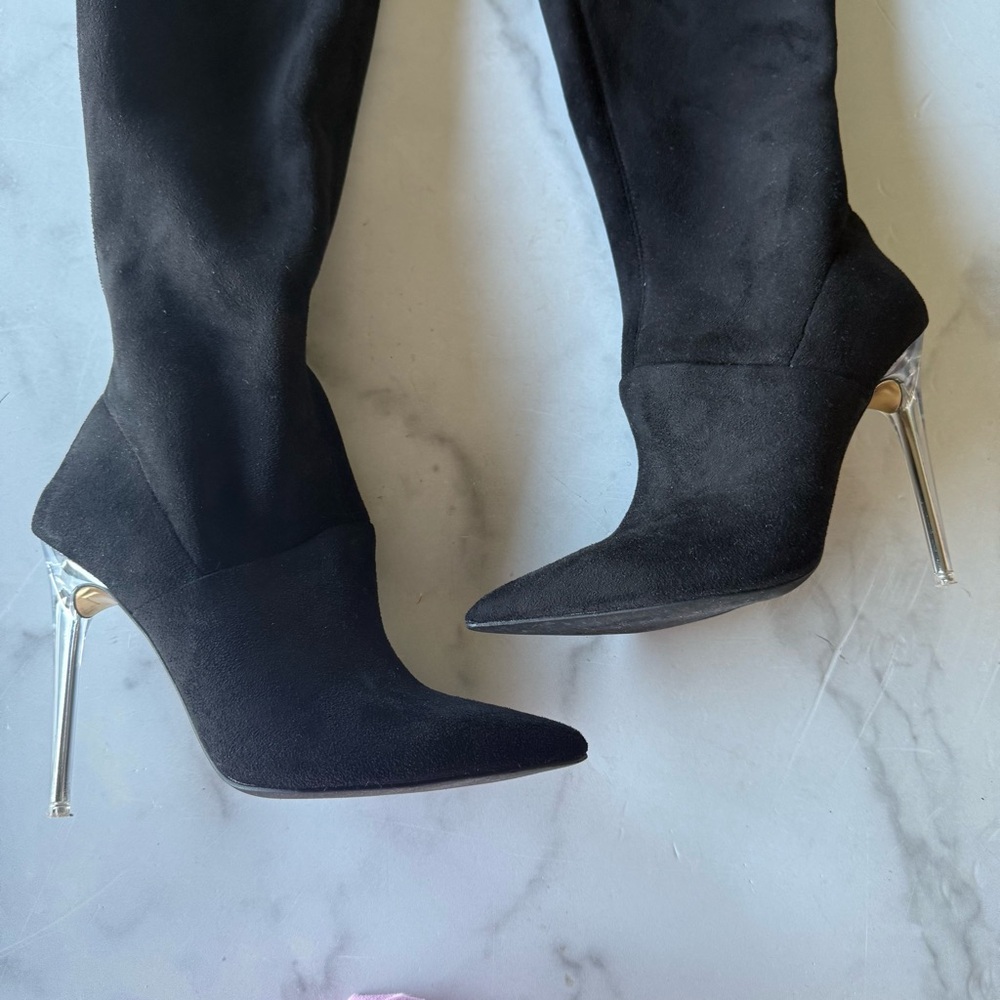 Jennifer Lopez JLO Black Azzala Over The Knee Boots Womens 6.5 Clear High Heel - Picture 2 of 8